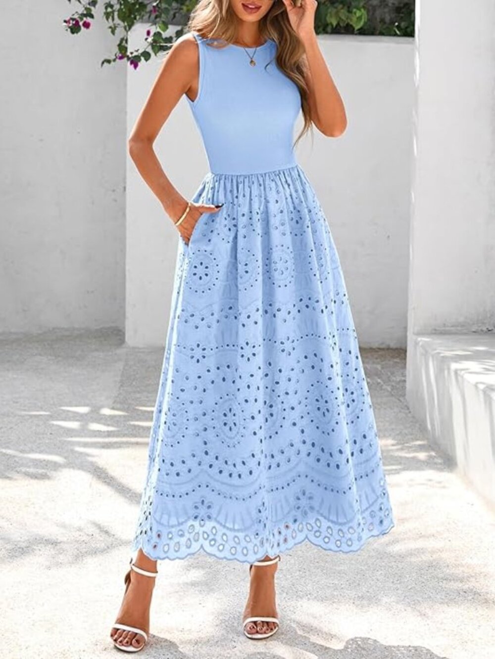 Women Summer Dresses 2026 Casual Sleeveless Crewneck A-Line Boho Lace Eyelet Cot